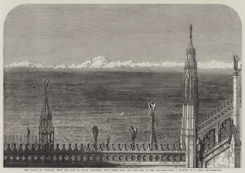 Die Ebenen der Lombardei vom Dach des Mailänder Doms, mit Monte Rosa und den Alpen in der Ferne